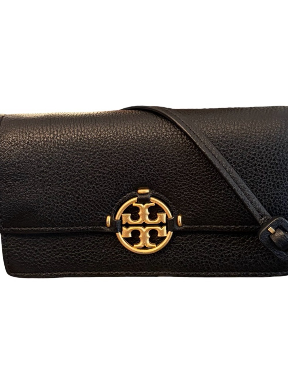 Tory Burch Black Miller Wallet Crossbody Pebble Leather Clutch Bag Gold Hardware